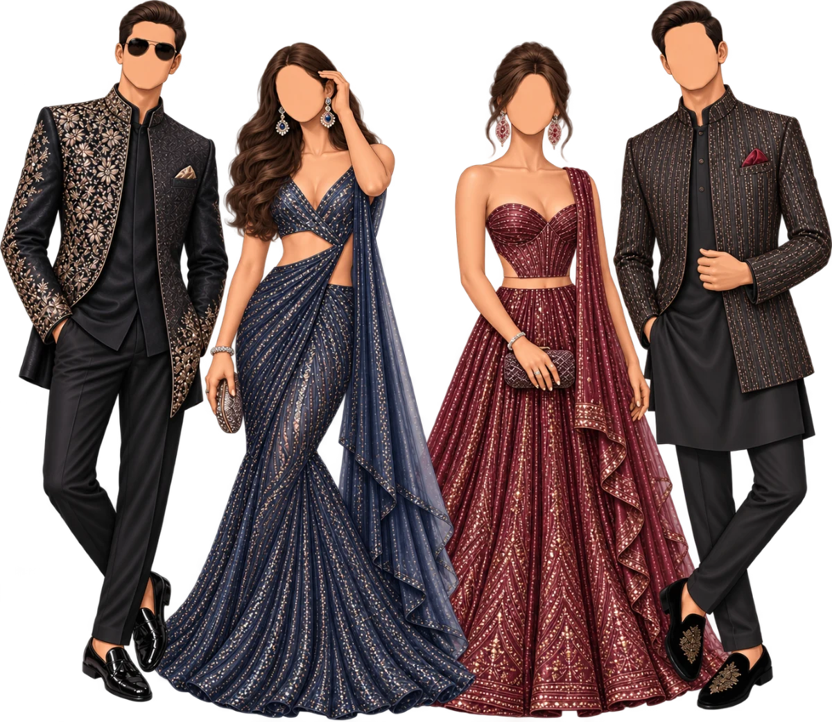 Ballroom soirée wardrobe illustrations — contemporary Indian couture in noir, midnight and wine