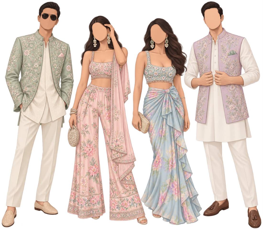 Haldi wardrobe illustrations — pastel florals, sage and lilac bandhgalas